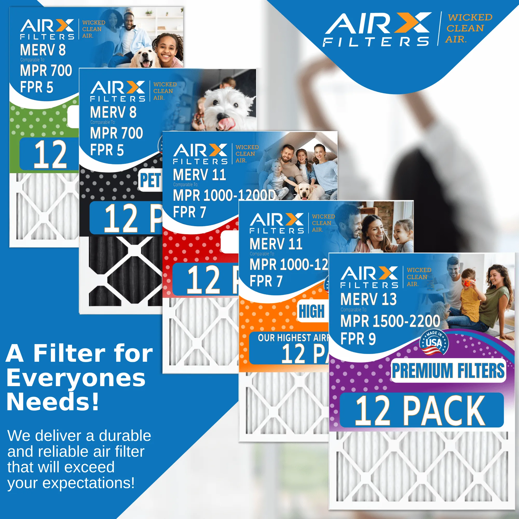 16x25x1 Air Filter MERV 11 Rating, 12 Pack of Furnace Filters Comparable to MPR 1000, MPR 1200 & FPR 7 - Made in USA by AIRX FILTERS WICKED CLEAN AIR.