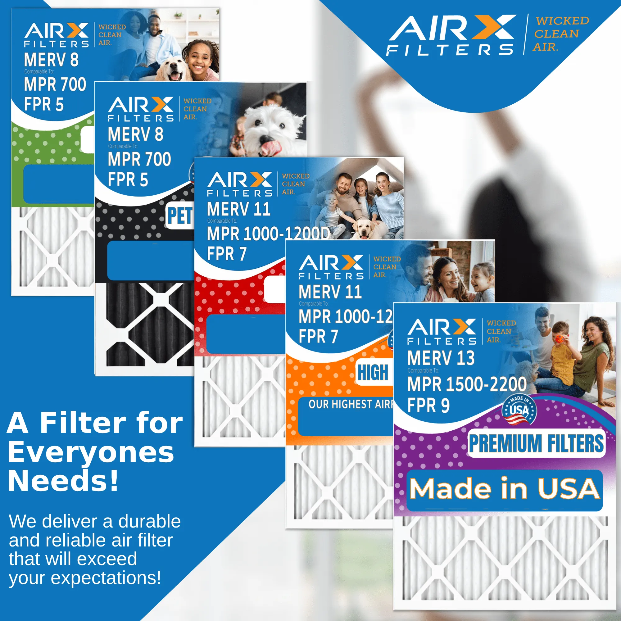 16x25x1 Air Filter MERV 13 Comparable to MPR 1500 - 2200 & FPR 9 Electrostatic Pleated Air Conditioner Filter 6 Pack HVAC AC Premium USA Made 16x25x1 Furnace Filters by AIRX FILTERS WICKED CLEAN AIR.