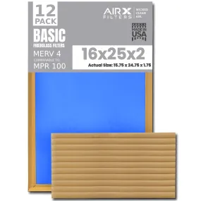 16x25x2 Air Filter Comparable to MPR 100 Basic Economy Furnace Filters, 12 Pack of Non Pleated Fiberglass Filter For Dust - Low Airflow Restriction! From AIRX FILTERS WICKED CLEAN AIR.