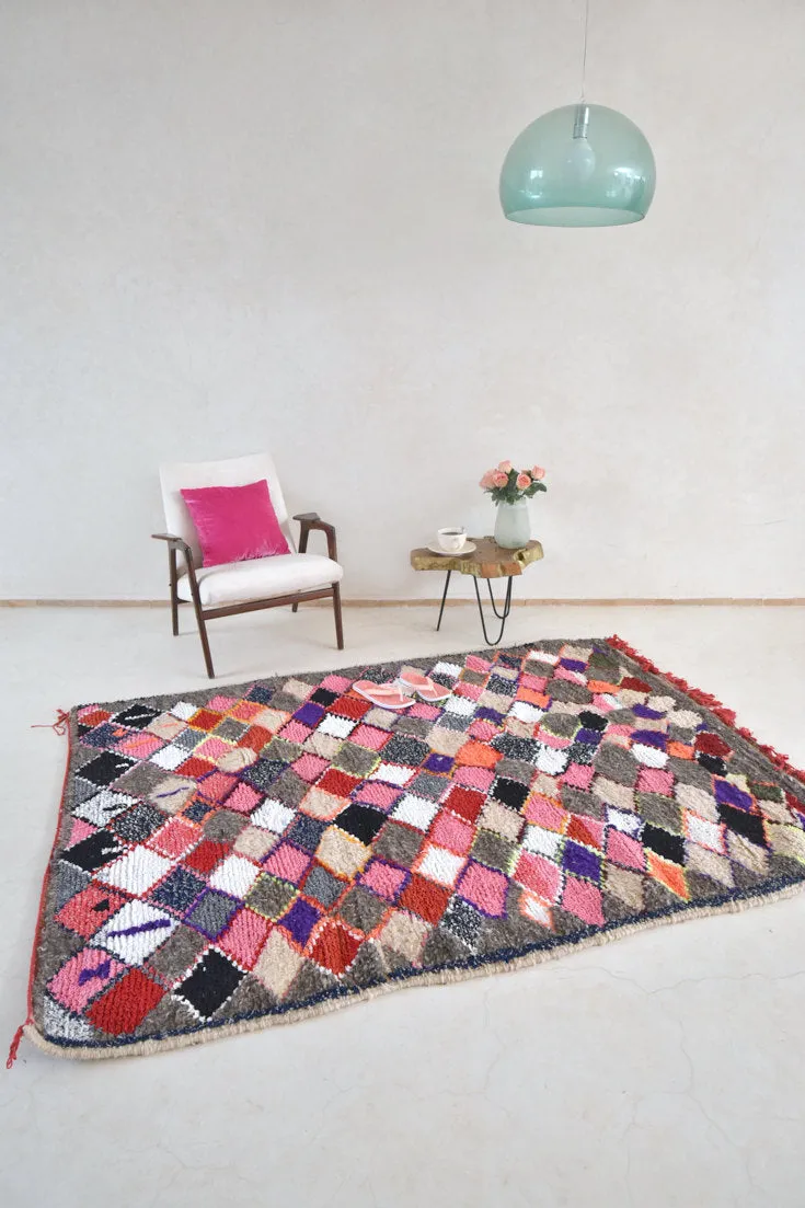 AZILAL. 6'10"x5'3" Vintage Moroccan Rug. Wool Boucherouite Carpet. Modern Design.