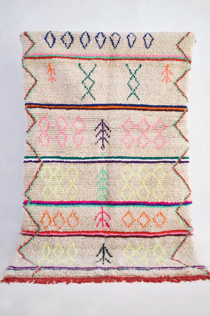 AZILAL. 6'11''x4'4''Vintage Moroccan Rug. Wool Boucherouite Carpet. Modern Design.