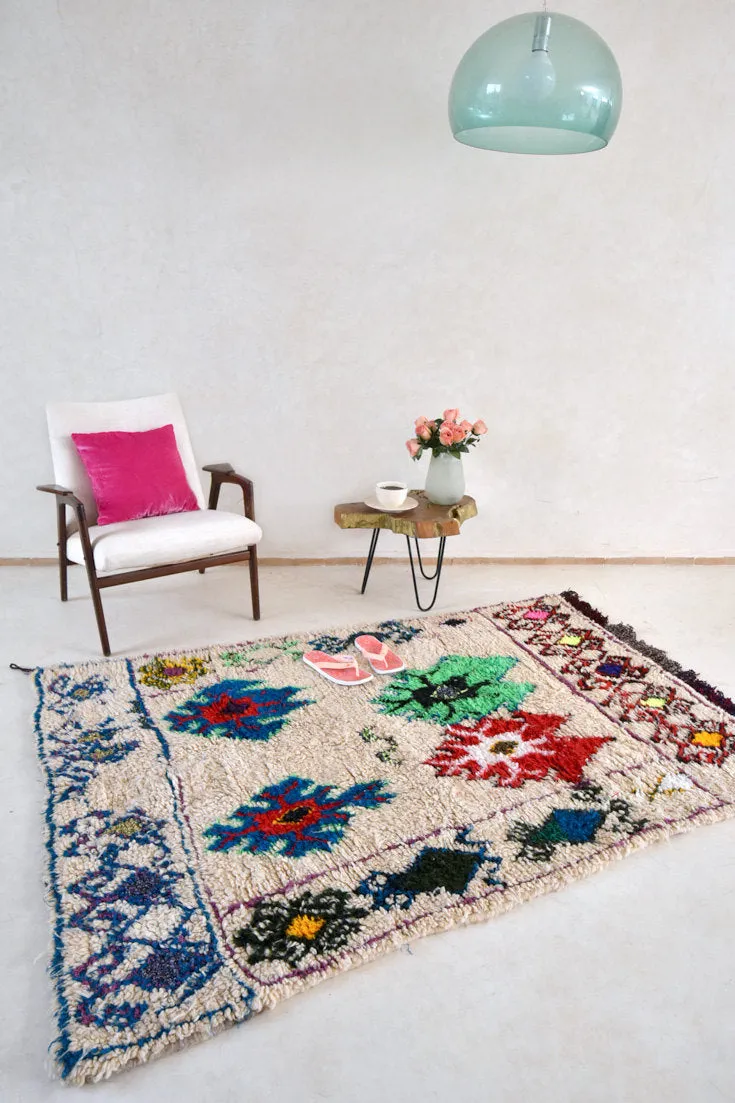 AZILAL. 6'4"x4'2" Vintage Moroccan Rug. Wool Boucherouite Carpet. Modern Design.