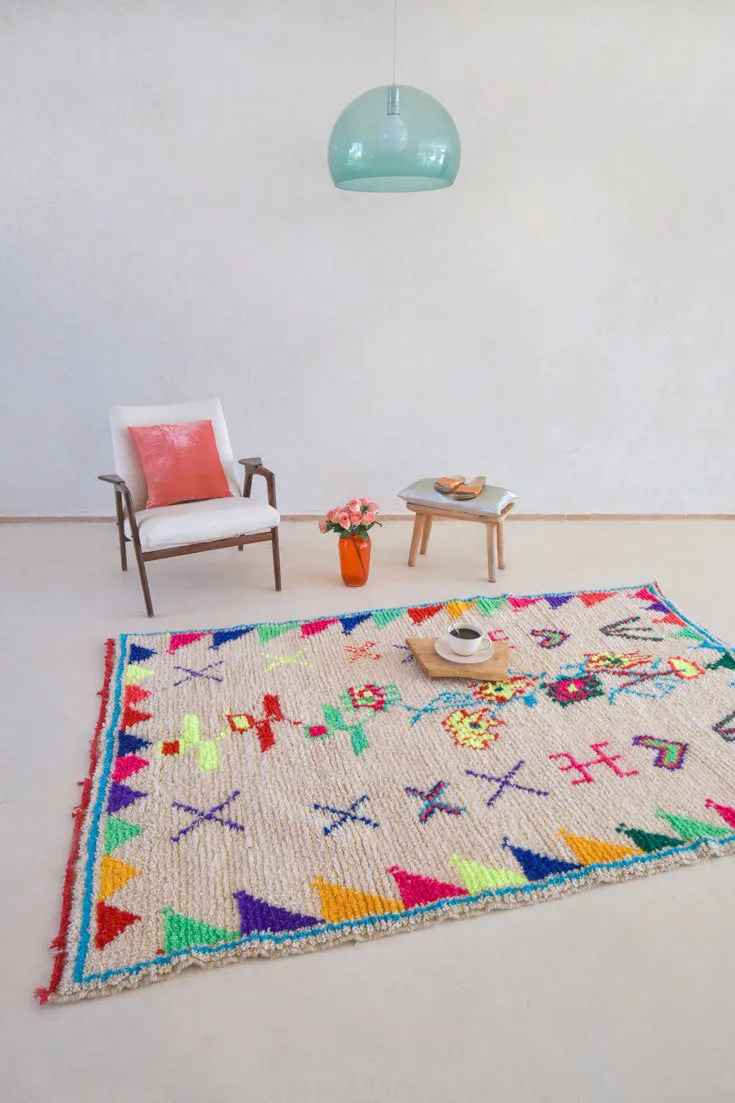 AZILAL. 7'4"''x4'9''Vintage Moroccan Rug. Wool Boucherouite Carpet. Modern Design.