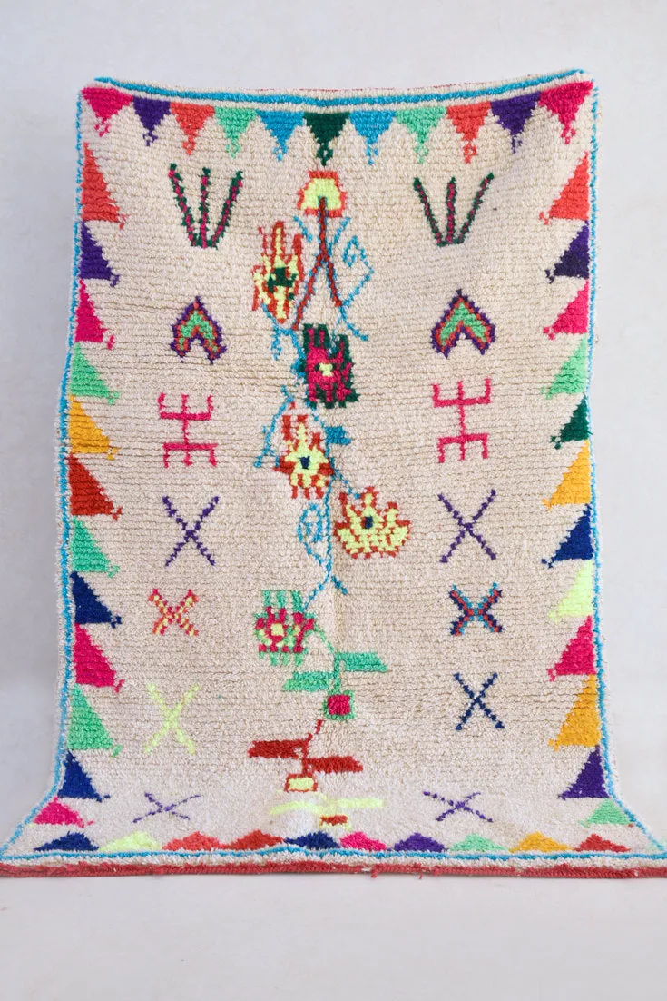 AZILAL. 7'4"''x4'9''Vintage Moroccan Rug. Wool Boucherouite Carpet. Modern Design.
