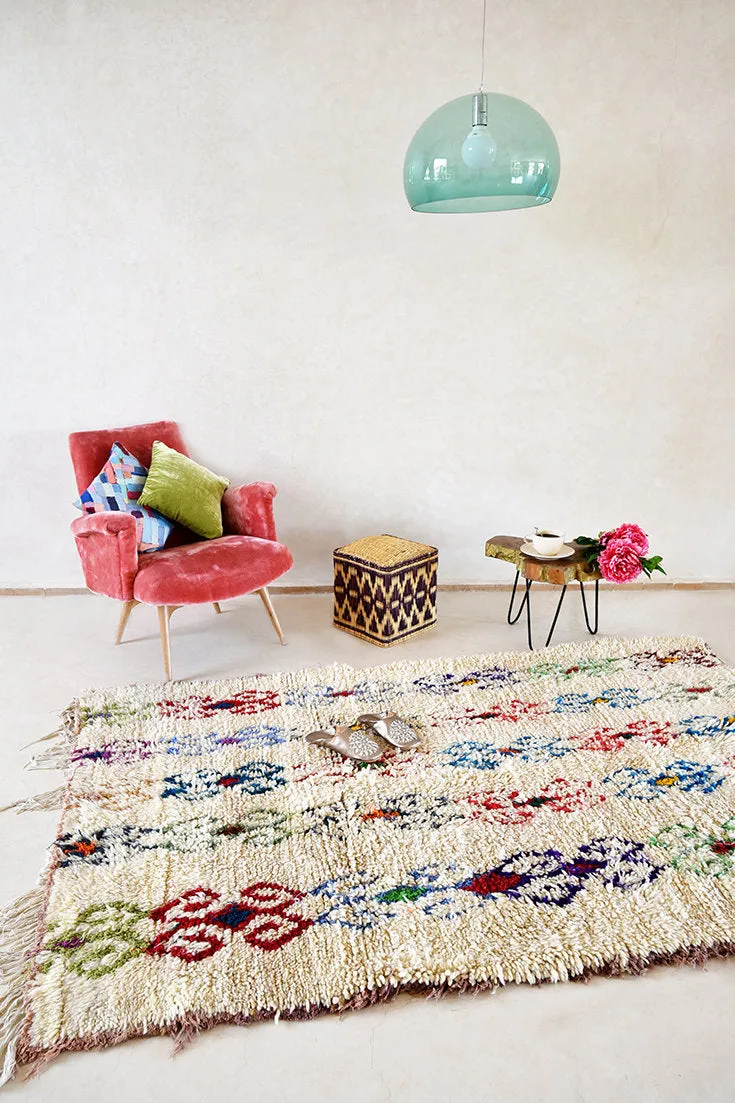 AZILAL. 7'4''x4'10"Vintage Moroccan Rug. Wool Beni Ourain Carpet. Modern Design.