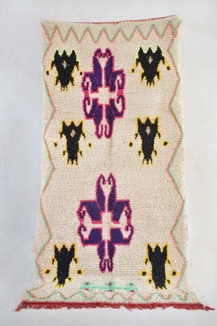 AZILAL. 8'11"x4'5" Vintage Moroccan Rug. Wool Boucherouite Carpet. Modern Design.