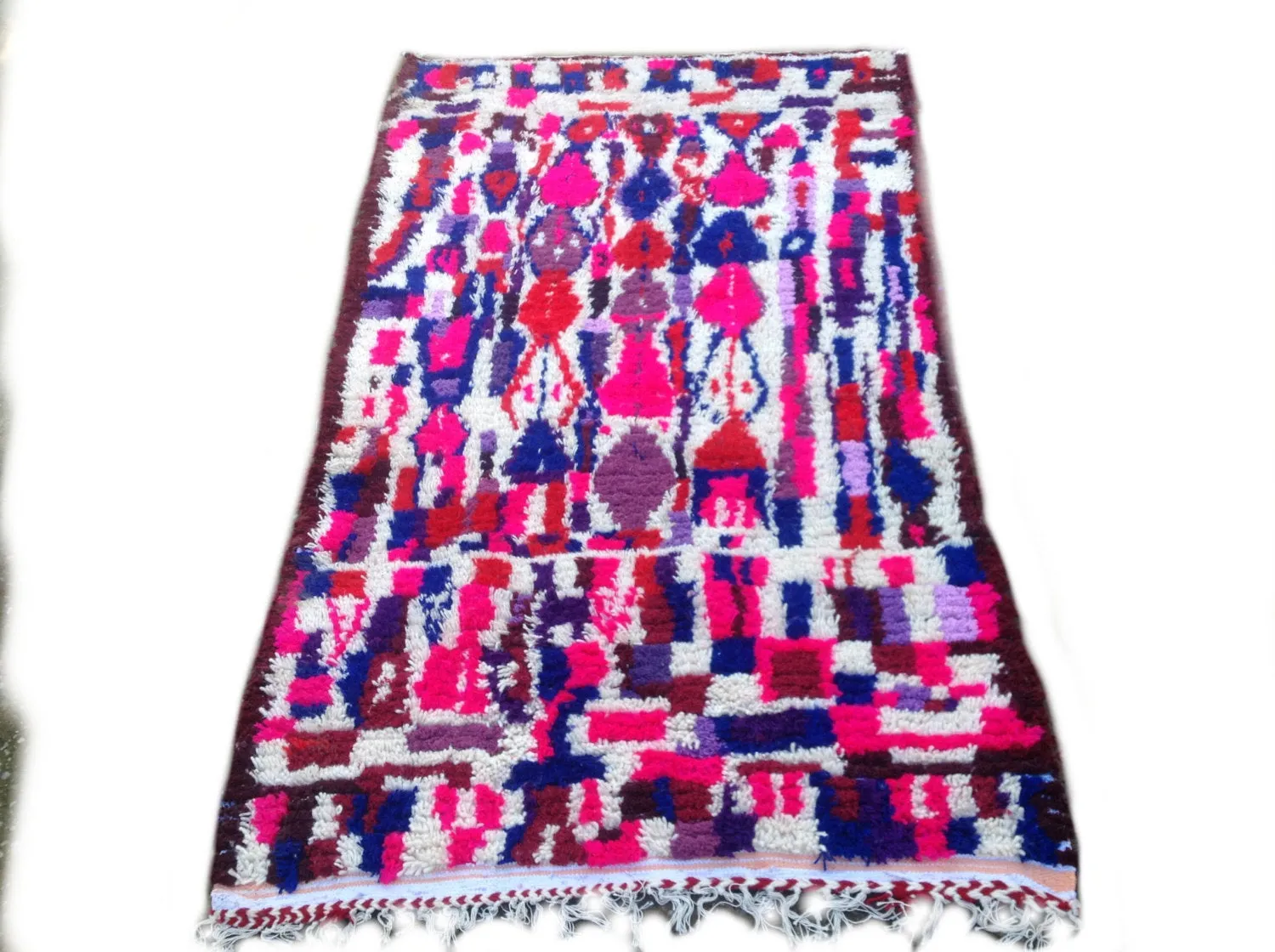 AZILAL. Vintage Moroccan Rug. Pink Wool Boucherouite Carpet. Modern Design.