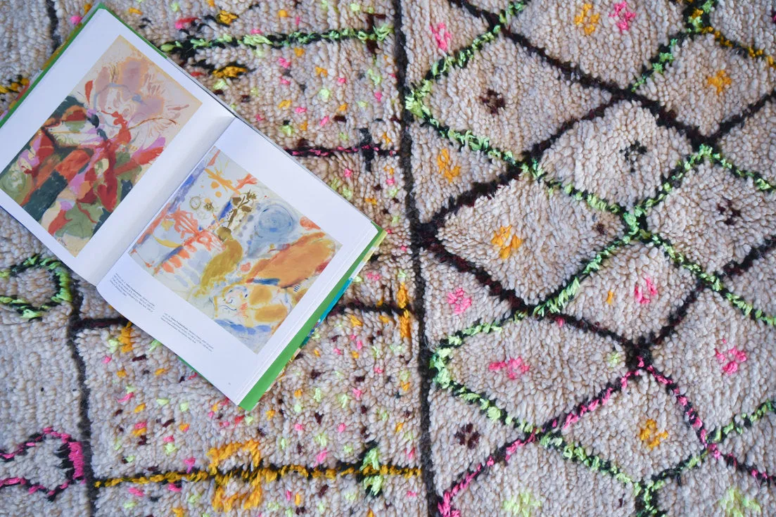 Azilal . Vintage Moroccan Rug. Wool Boucherouite Carpet. Modern Design.