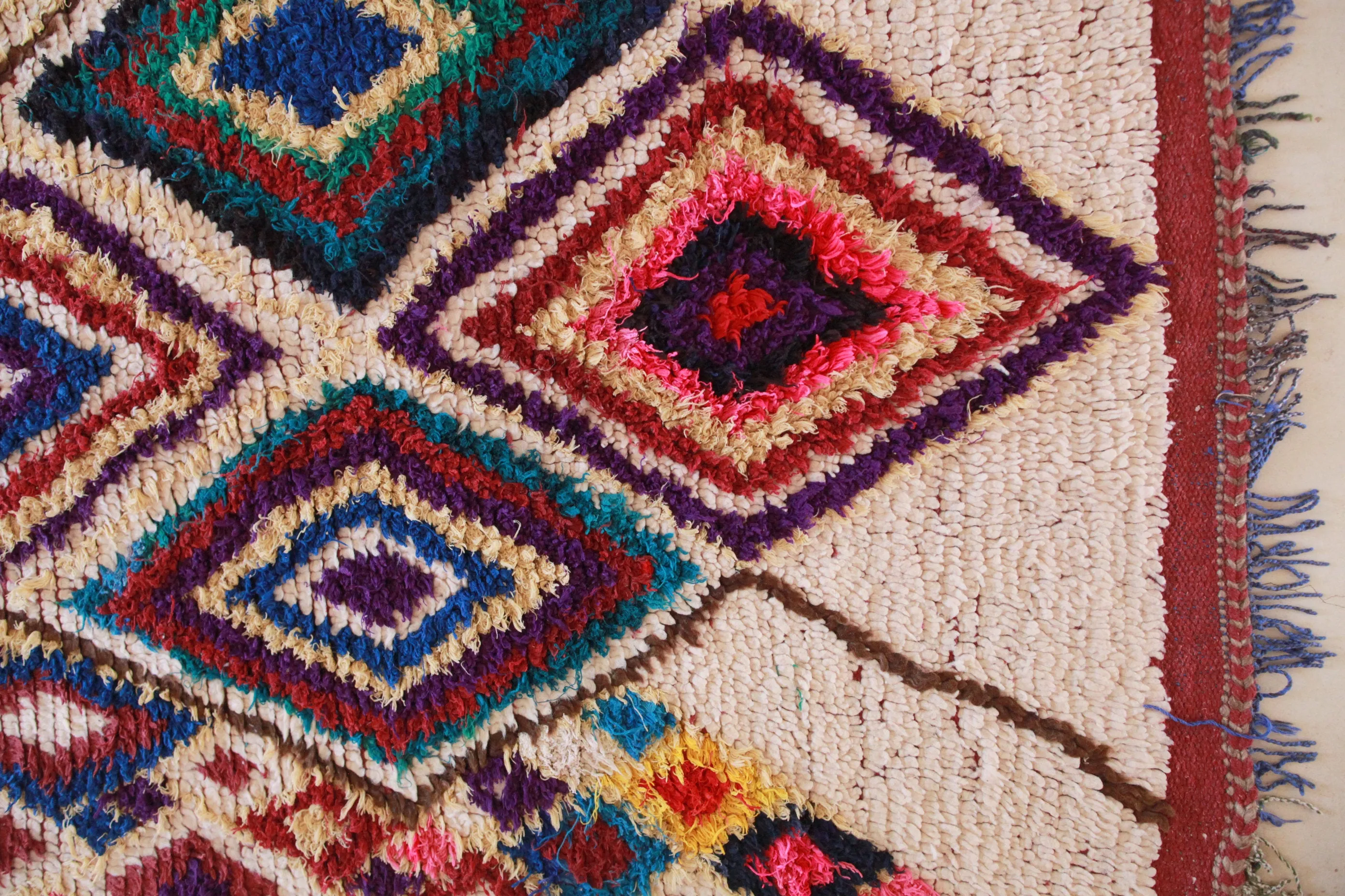 AZILAL Vintage Moroccan Rug. Wool Boucherouite Carpet. Modern Design.