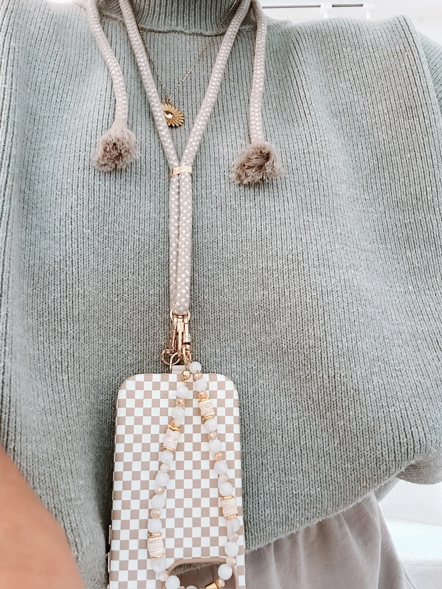 Beige Check Universal Phone Hitch   Tassel Rope