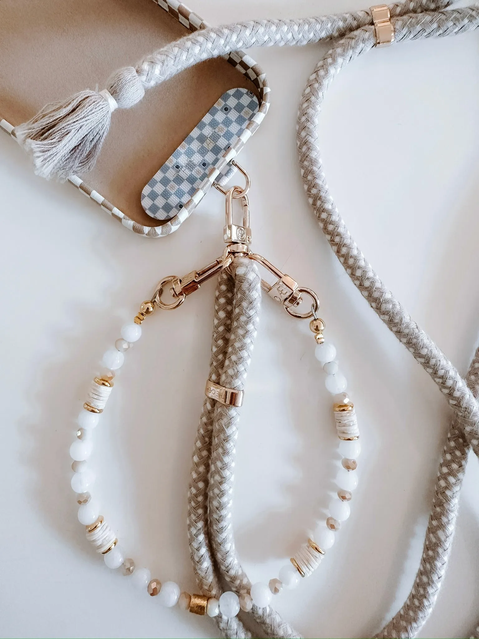 Beige Check Universal Phone Hitch   Tassel Rope