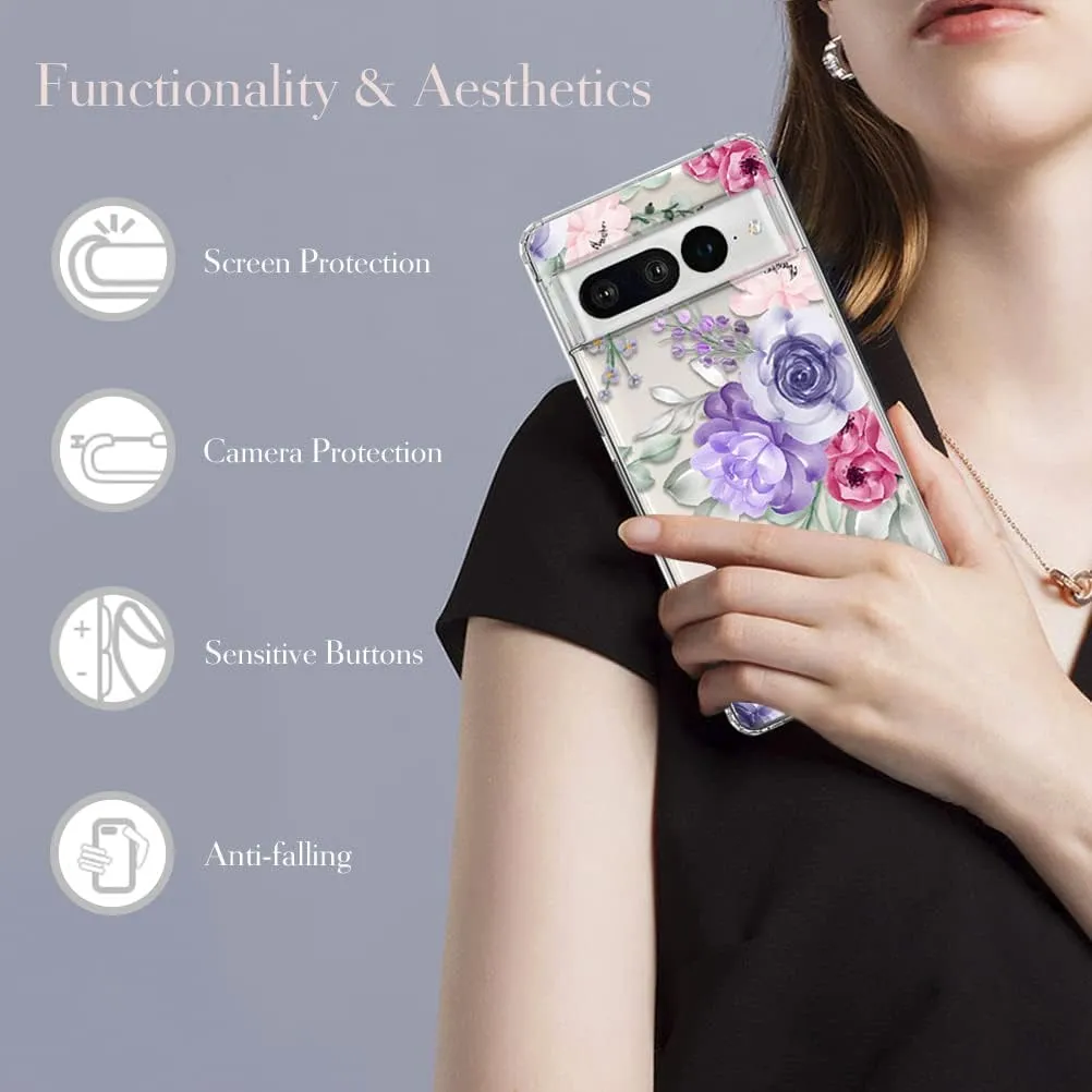 Case Pixel 7 Pro, Shockproof Hard PC Back Protective Clear Case Cover - Purple Watercolor