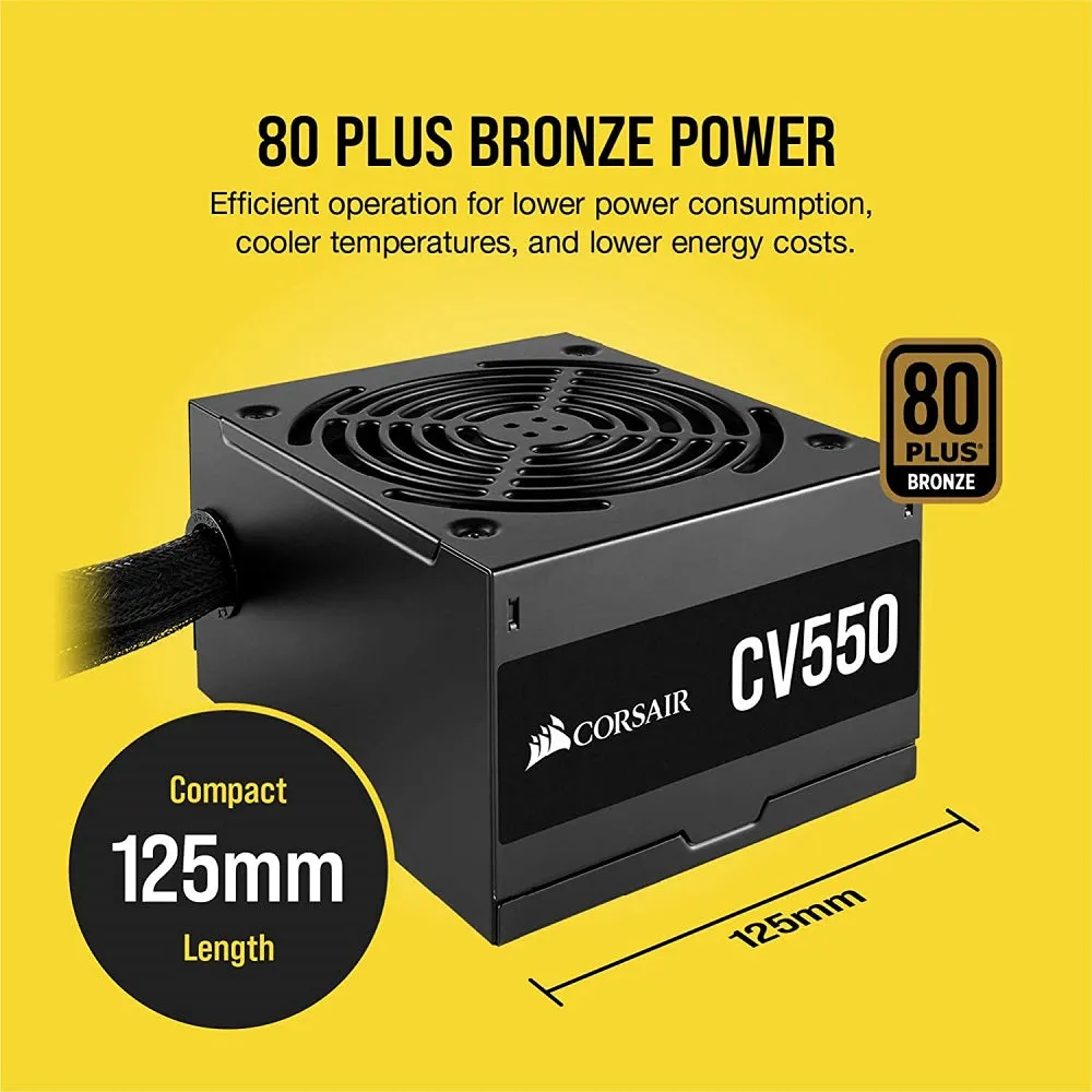 Corsair PSU CV Series, CV550, 550 Watt, 80  Bronze Certified, Fixed Cable Power Supply