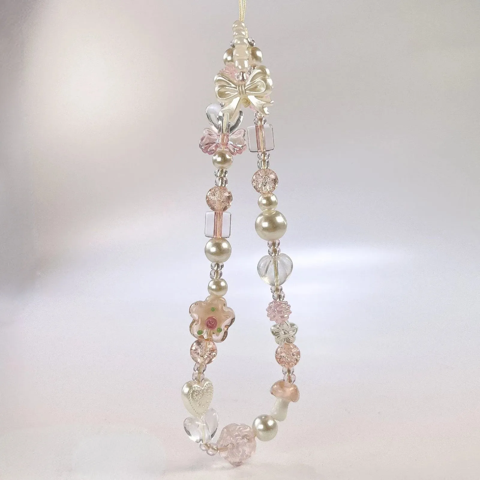 Elegant Sparkling Glass Bead Pearl Flower Bow Charm Phone Keychain Hand Strap