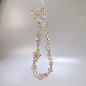 Elegant Sparkling Glass Bead Pearl Flower Bow Charm Phone Keychain Hand Strap