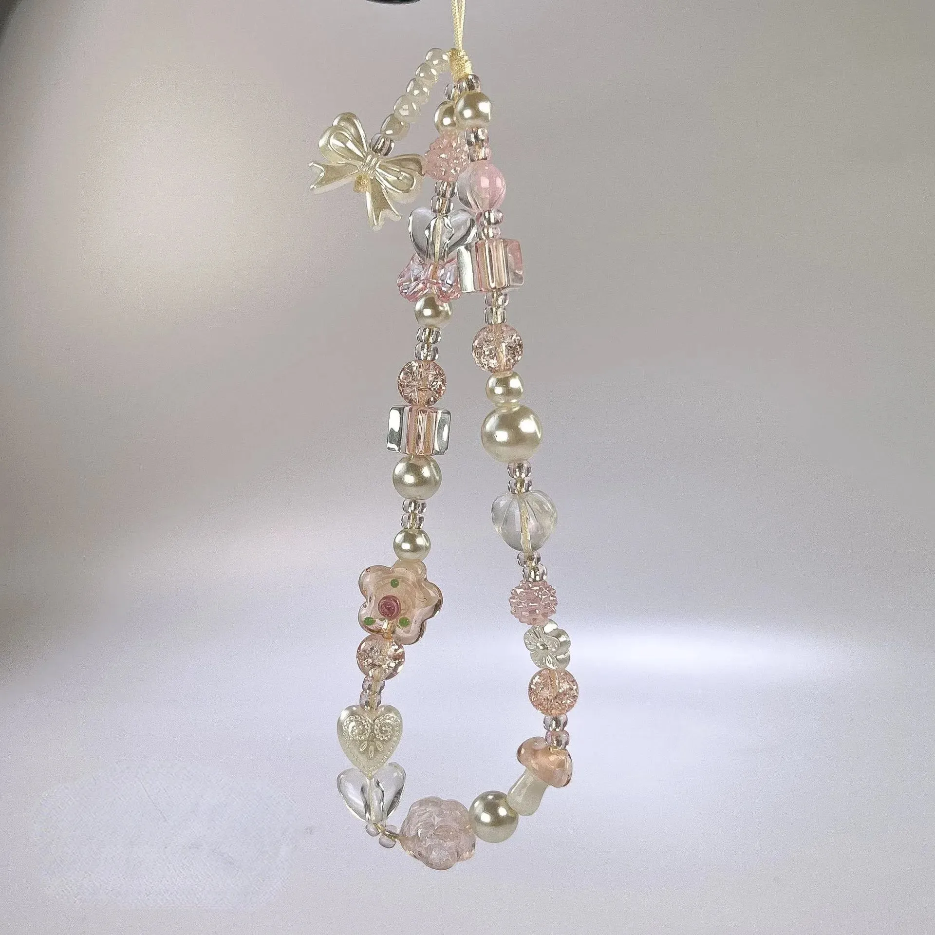 Elegant Sparkling Glass Bead Pearl Flower Bow Charm Phone Keychain Hand Strap
