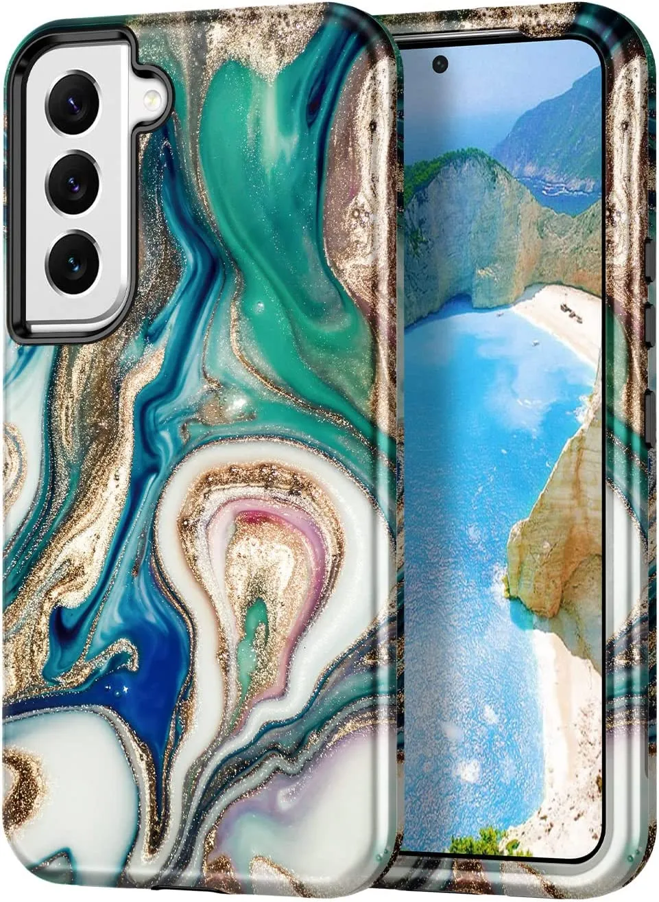 Galaxy S21 Case, Marble Pattern 3 in 1 Heavy Duty Shockproof Full Rose Gold