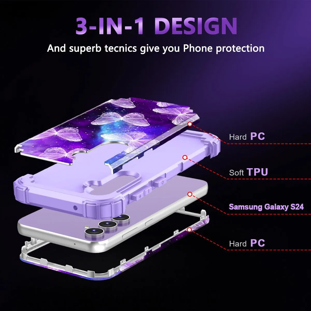 Galaxy S24 5G Case,Three Layer Heavy Duty Sturdy Shockproof Full Body Protection Rugged Hard PC Soft TPU Bumper Case
