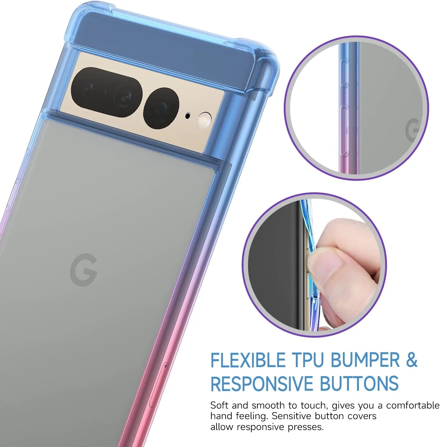 Google Pixel 7 Pro Case, Clear Cute Gradient Slim Phone Case Cover Blue Pink
