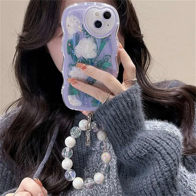 Kawaii Epoxy Glitter Flower iPhone Case with Bracelet
