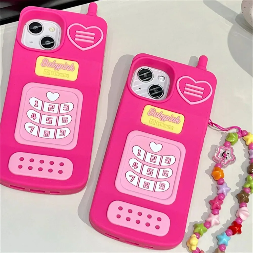 Kawaii Hot Pink Retro iPhone Case with Chain