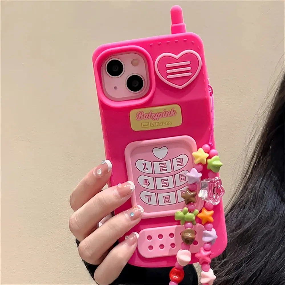 Kawaii Hot Pink Retro iPhone Case with Chain