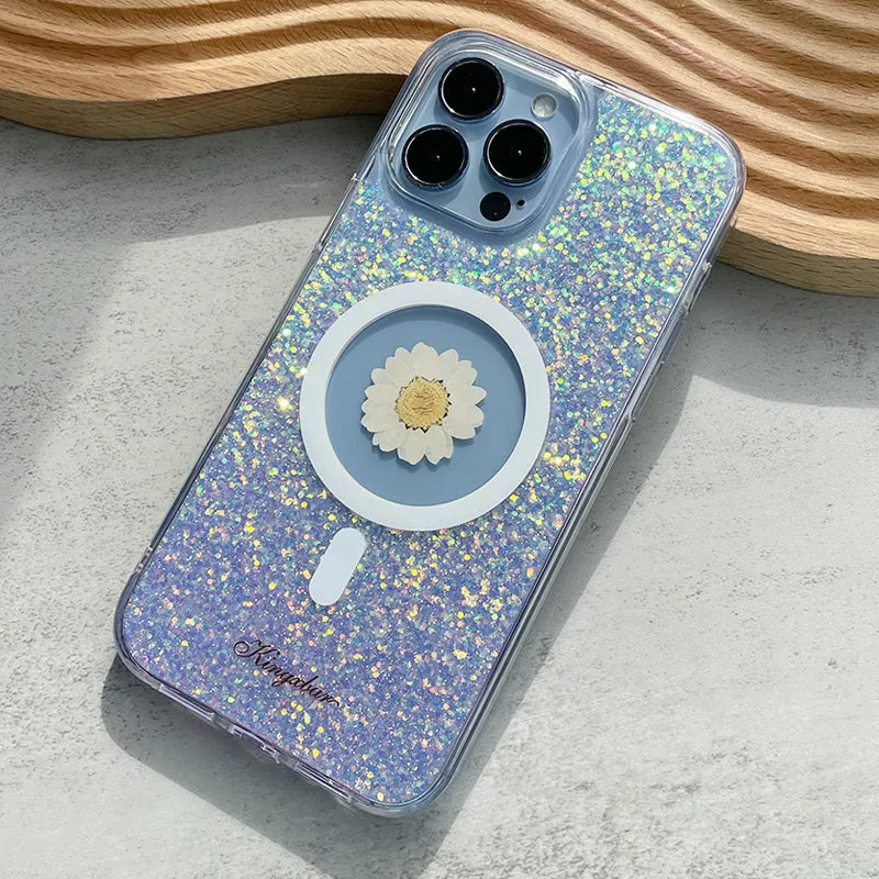 Kingxbar Real Dried Flower Shockproof Glitter Magnetic MagSafe Case Cover