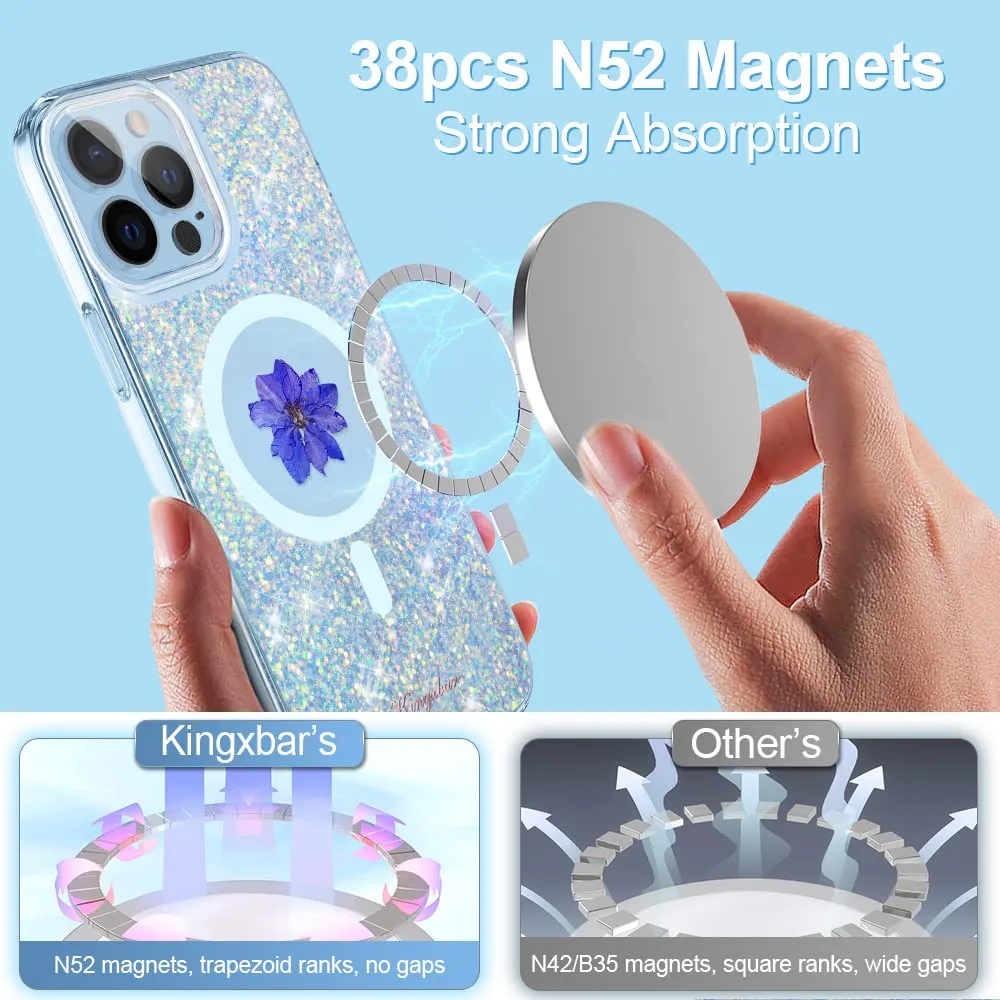 Kingxbar Real Dried Flower Shockproof Glitter Magnetic MagSafe Case Cover