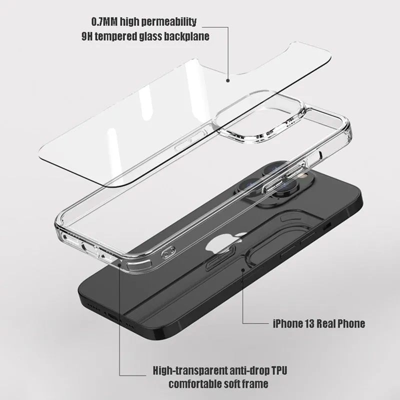 Luxury Tempered Glass Clear Case For iPhone 11 12 13 Pro XS Max 13Mini X XR Transparent Hard Case