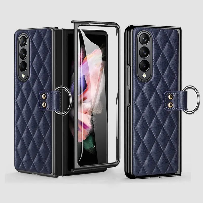 Phone Case For Galaxy Fold 4 Quilted Rhombic Ring Protective Case