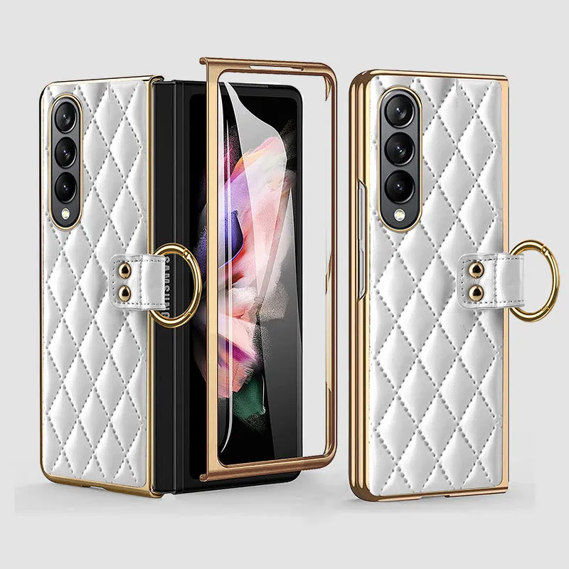 Phone Case For Galaxy Fold 4 Quilted Rhombic Ring Protective Case