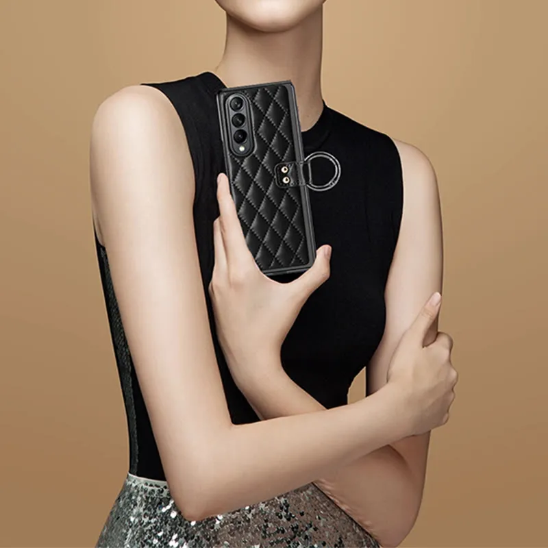 Phone Case For Galaxy Fold 4 Quilted Rhombic Ring Protective Case