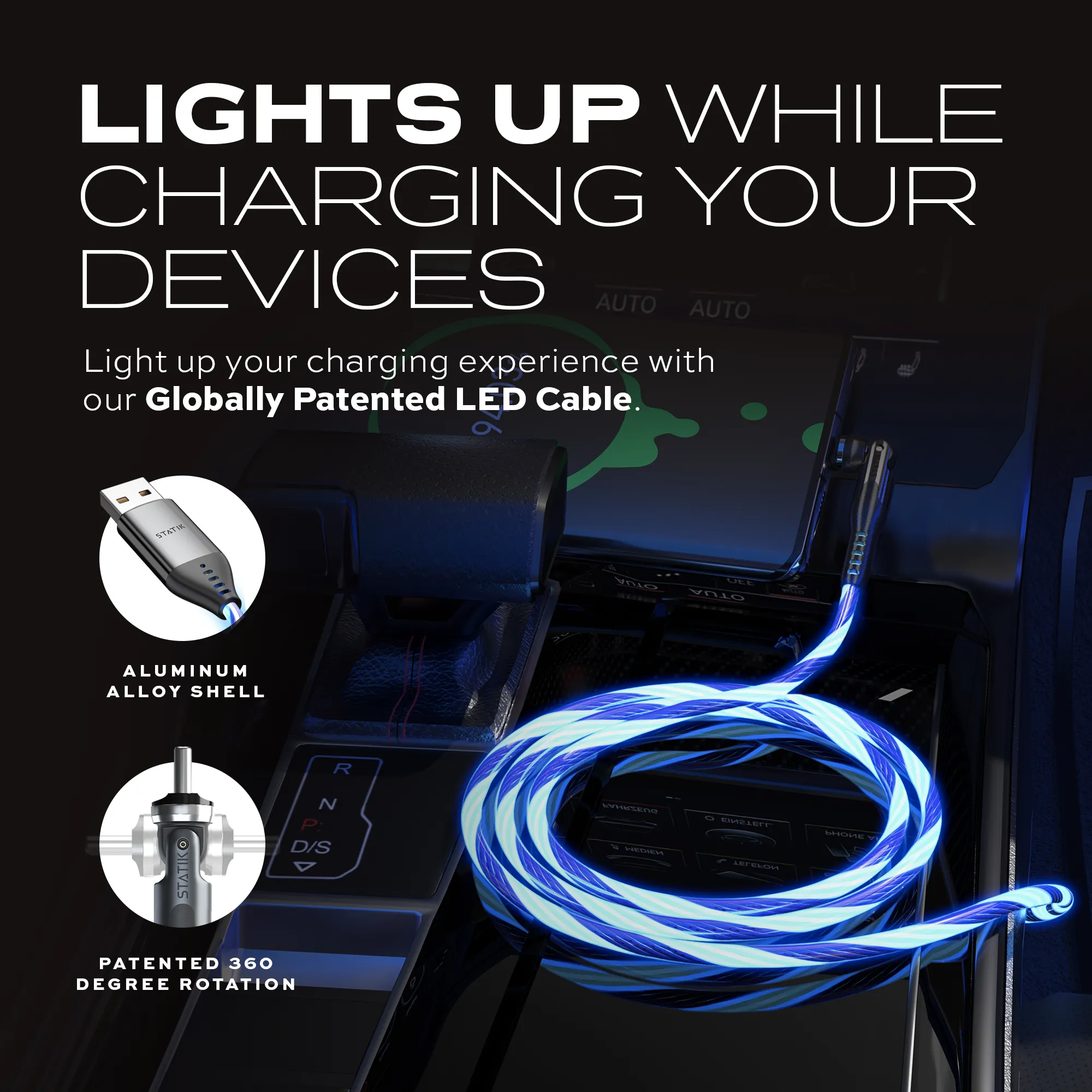 PowerPivot™ GloBright | USB-A to USB-C or Lightning | Data & Charge
