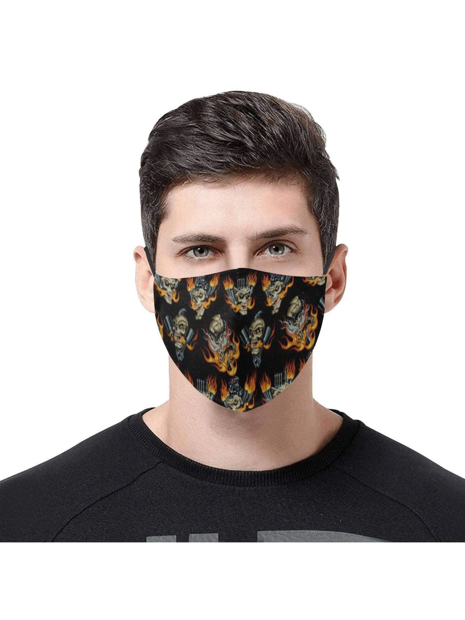 REUSABLE FACE MASKS WITH FILTERS - FLAMING SKULLS & PISTONS