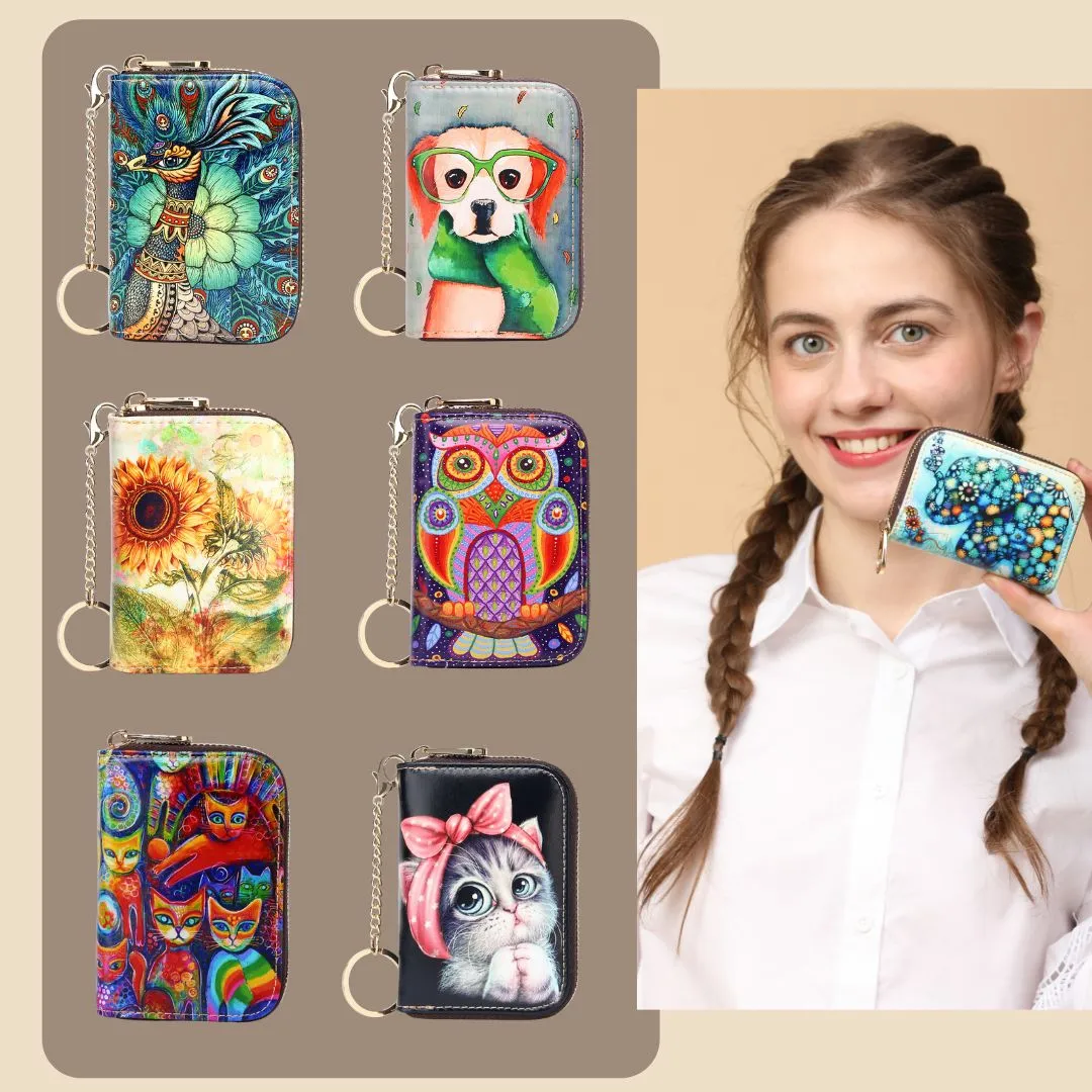RFID Credit Card Holder Wallets for Women Leather Zipper Card Case for Ladie