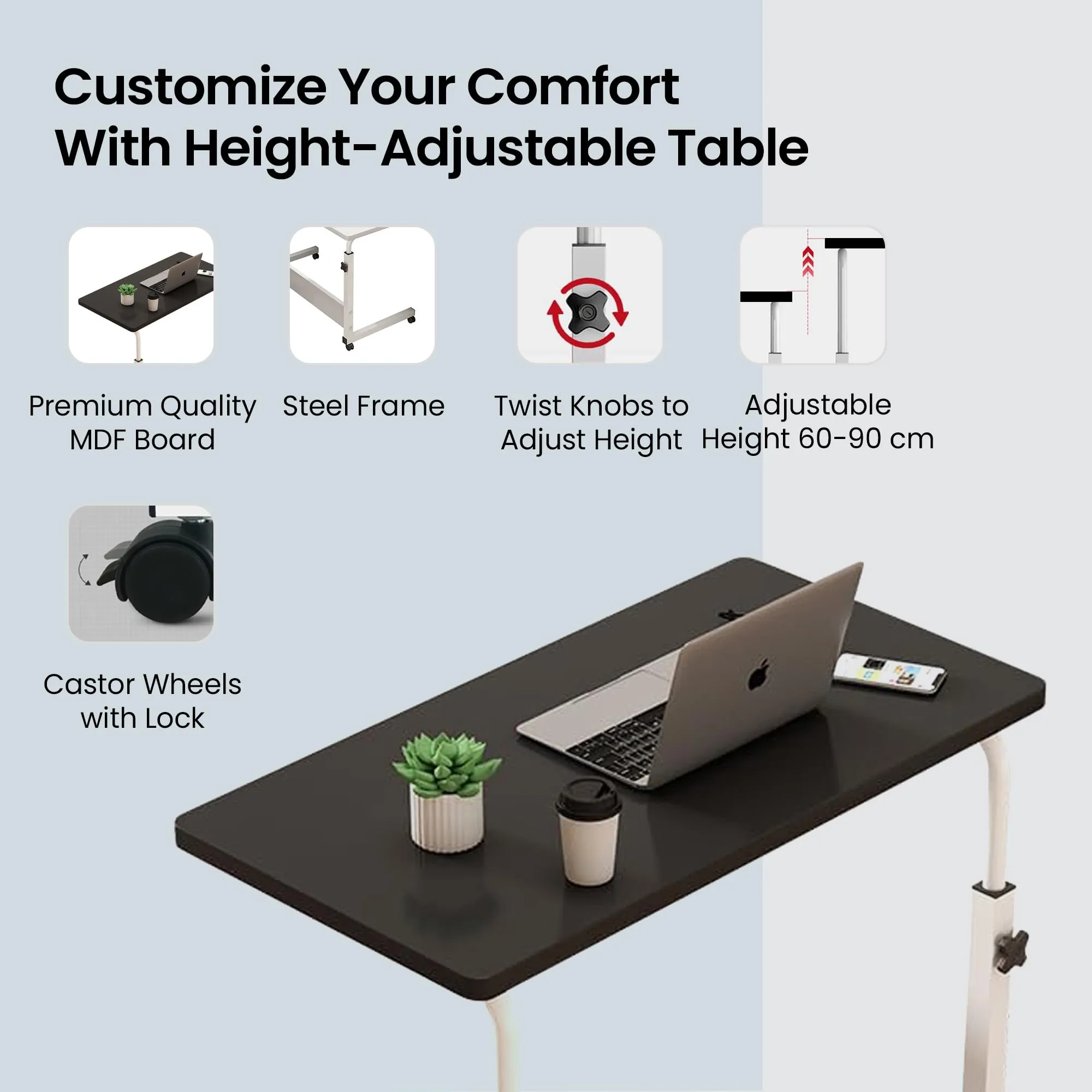 SAVYA HOME Manual Height Adjustable Study Table for Adults, Students, Kids | Portable Table, Computer Table| Office Table for Work from Home, Bed Study Table | 80 * 40 cm, Black,1