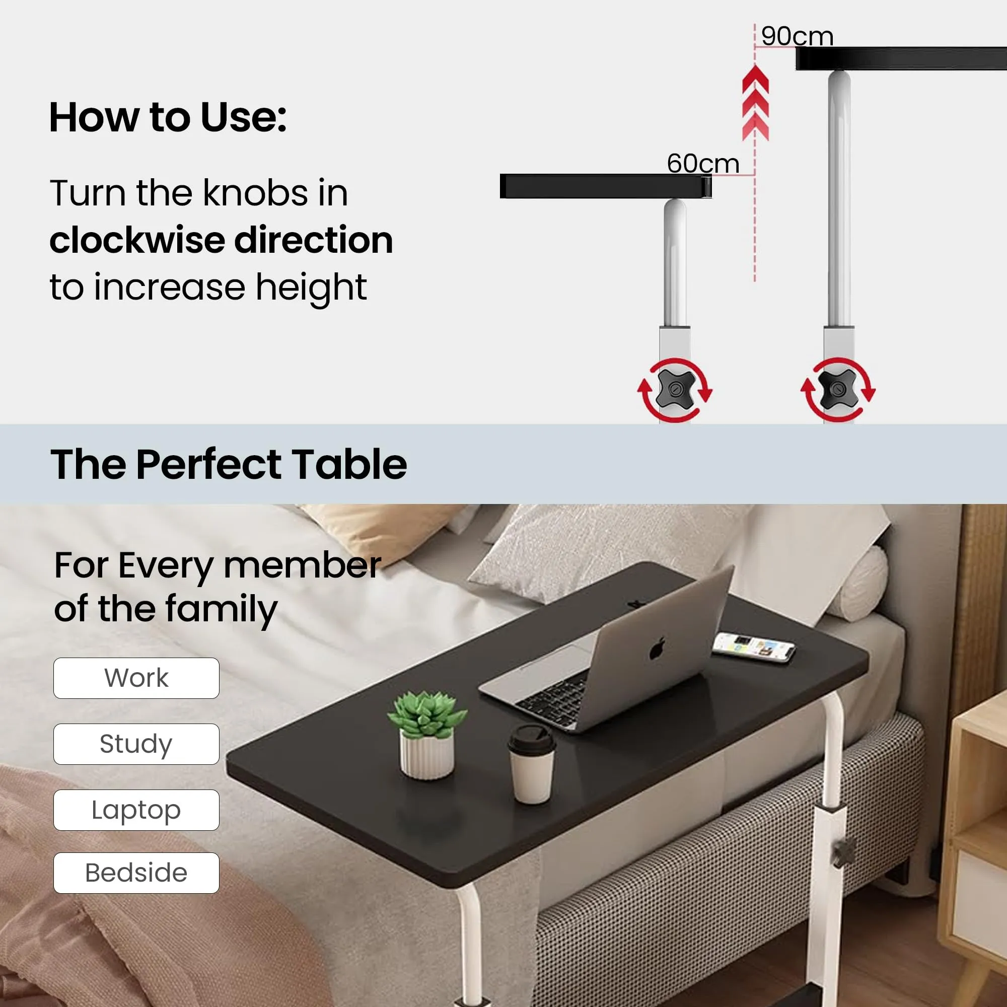 SAVYA HOME Manual Height Adjustable Study Table for Adults, Students, Kids | Portable Table, Computer Table| Office Table for Work from Home, Bed Study Table | 80 * 40 cm, Black,1