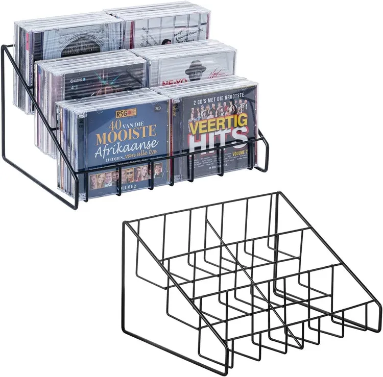 Set of 2, Matte Black Metal Wire CD Storage Stand, Tabletop Compact Disc Jewel Case Holder, Tiered Desk Organizer Rack