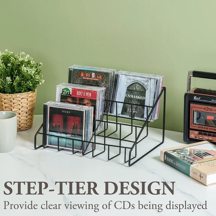 Set of 2, Matte Black Metal Wire CD Storage Stand, Tabletop Compact Disc Jewel Case Holder, Tiered Desk Organizer Rack