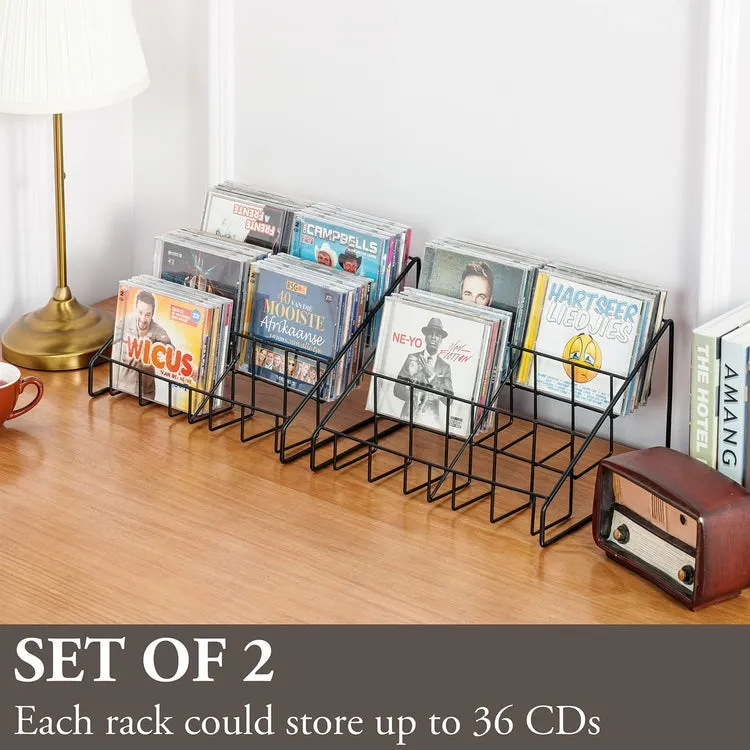 Set of 2, Matte Black Metal Wire CD Storage Stand, Tabletop Compact Disc Jewel Case Holder, Tiered Desk Organizer Rack
