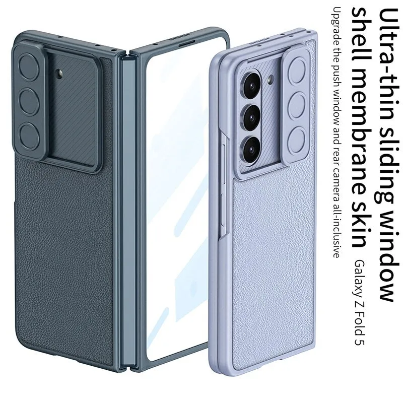 Slim Hard Matte PC Slide Camera Phone Case with Front Screen Glass Film For Samsung Galaxy Z Fold 5