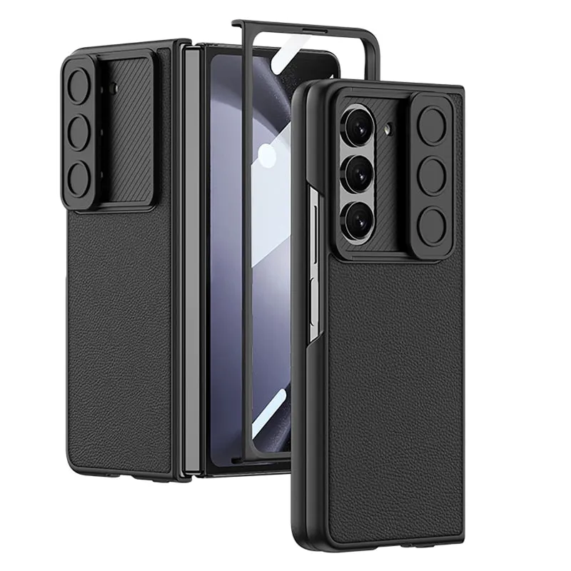 Slim Hard Matte PC Slide Camera Phone Case with Front Screen Glass Film For Samsung Galaxy Z Fold 5