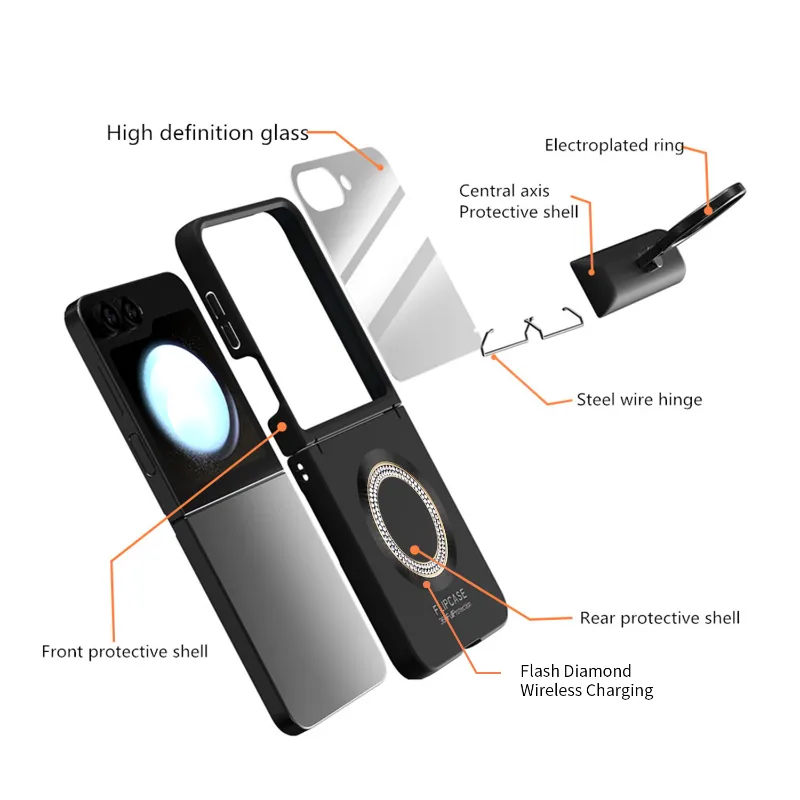 Super Diamond Magnetic Matte Hinge Phone Case with Screen Ring Holder For Samsung ZFlip 6