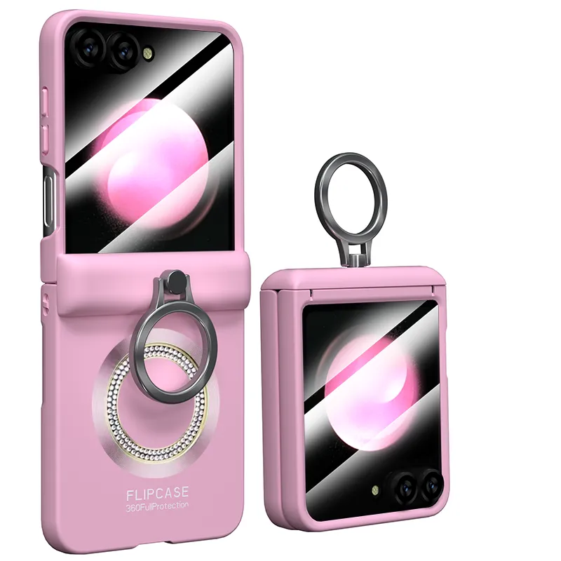 Super Diamond Magnetic Matte Hinge Phone Case with Screen Ring Holder For Samsung ZFlip 6