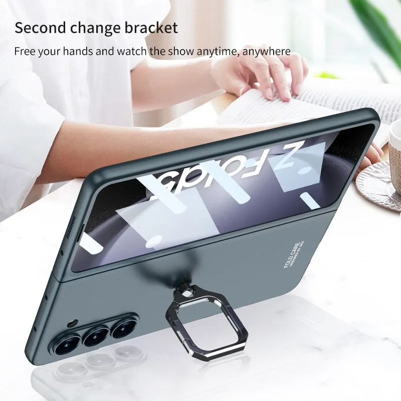 Ultra Thin Skin Friendly Matte Hard Phone Case With Metal Ring Bracket With Tempered Film For Samsung Galaxy Z Fold 5 4